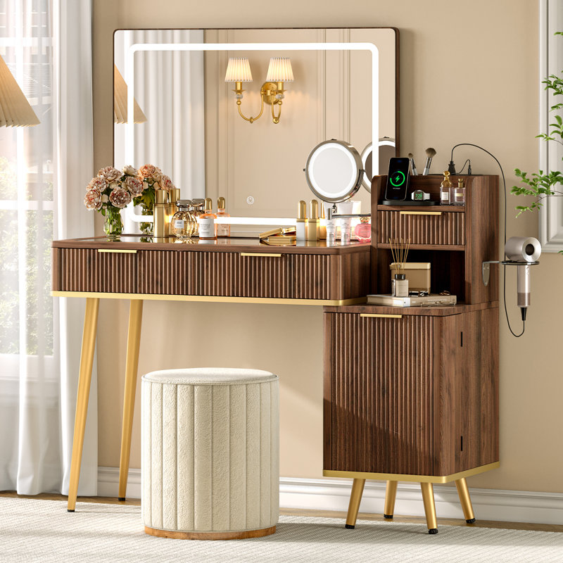  Bureau de meuble-lavabo avec miroir et lumières, meuble-lavabo à plateau en verre cannelé avec grossissement 1x / 5x et station de charge / tablettes réglables pour femmes / filles, noyer foncé