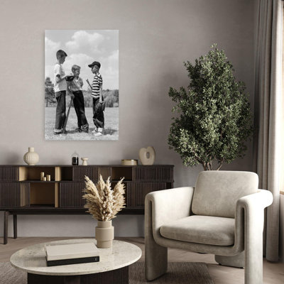 1950S Boys Baseball Threesome One Holding Bat Others Wearing Mitts Having Discussion Classic Retro Vintage Bat Summer Urban Wall Art