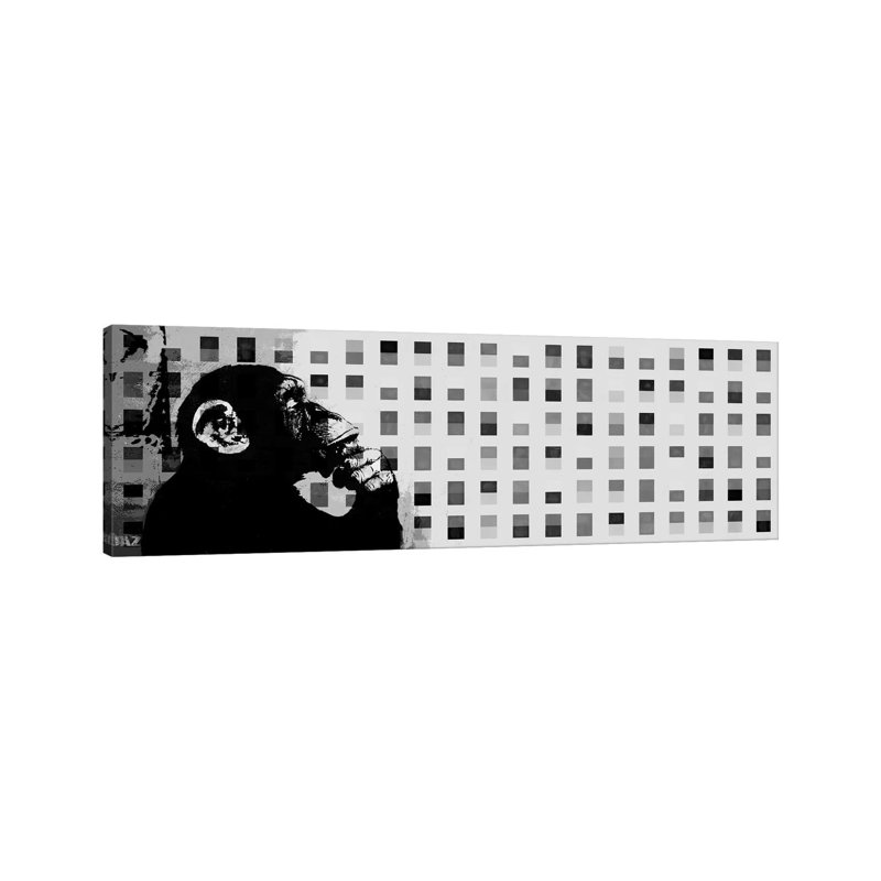 The Thinker Monkey Grey Scale Dots Panoramic - Wrapped Canvas Panoramic Print, 30.48 cm H x 91.44 cm W x 1.91 cm D