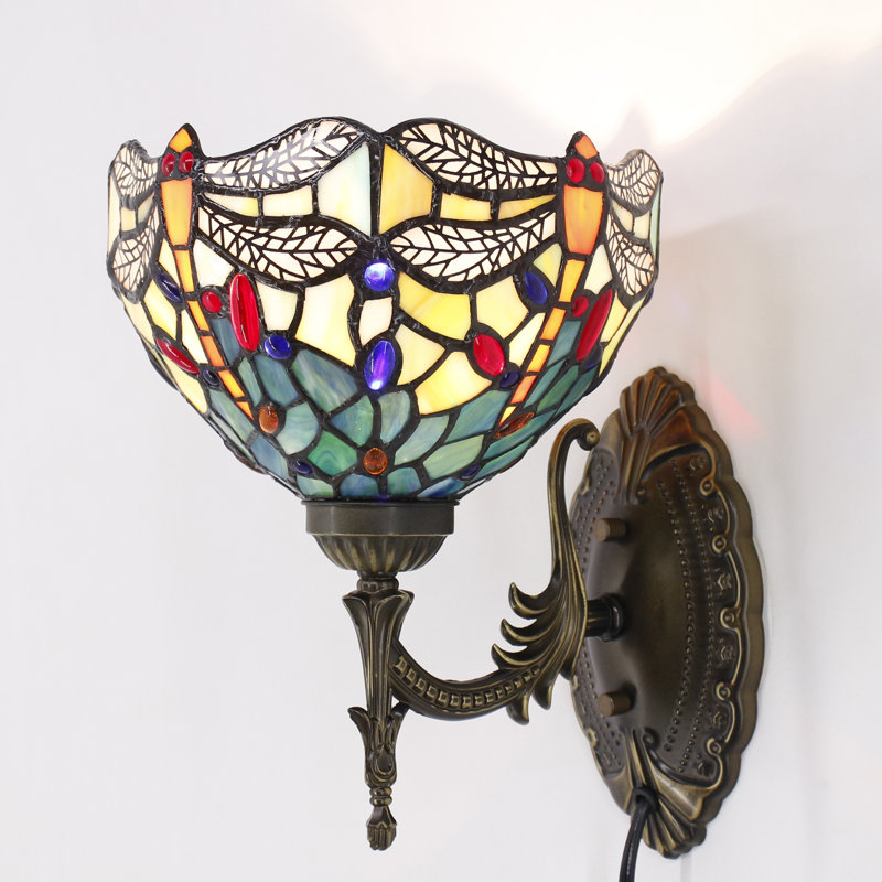 Tiffany Wall Sconce Lamp Blue Stained Glass Flower Style 8X10.5X11 Inch Plug in Wall Bedside Light for Hallway Bedroom (Blue Yellow Dragonfly Style)