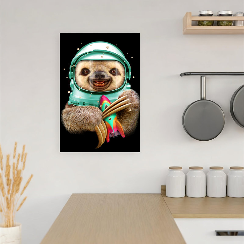 «Happy Sloth Astronaut Abstract Contemporary Forest Landscape», reproduction d'art mural, H 18 po x l 12 po