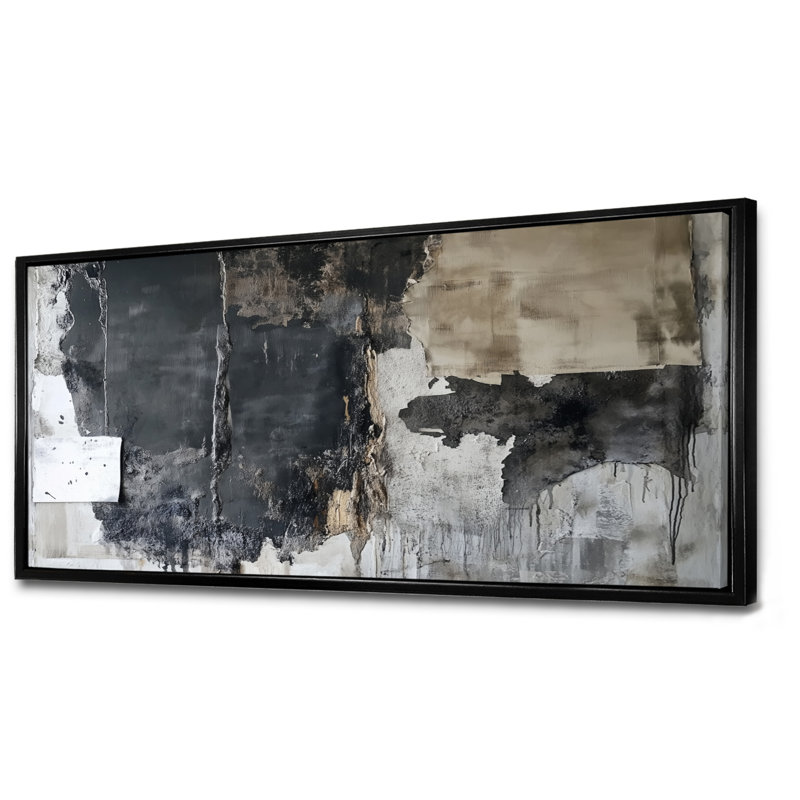 Gris, art mural abstrait noir, toile de collage de dalle, Jeff, H 28 po x l 60 po, Cadre flottant noir