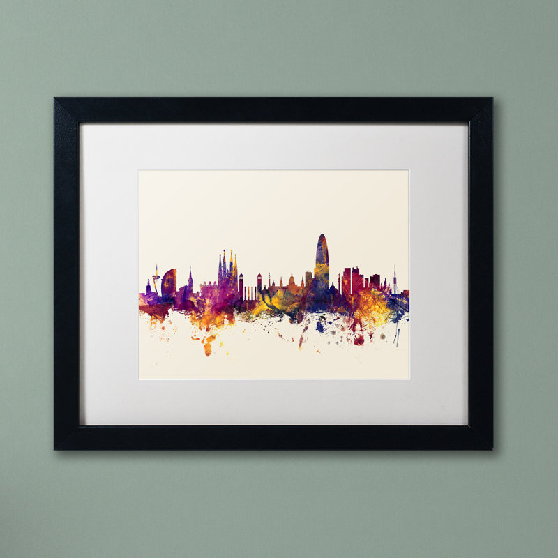 "barcelone espagne horizon" , impression encadrée, H 16 po x l 20 po x P 0,5 po, Cadre noir, Blanc
