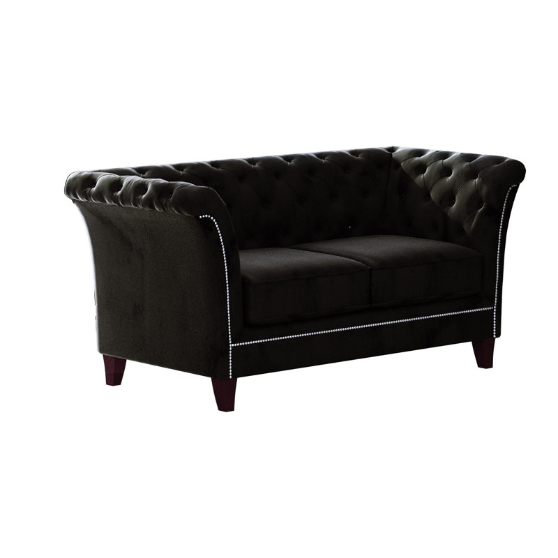 Chesterfield  Sofa 2 Seater Made of Velvet Fabric with Solid Wood Legs, Black