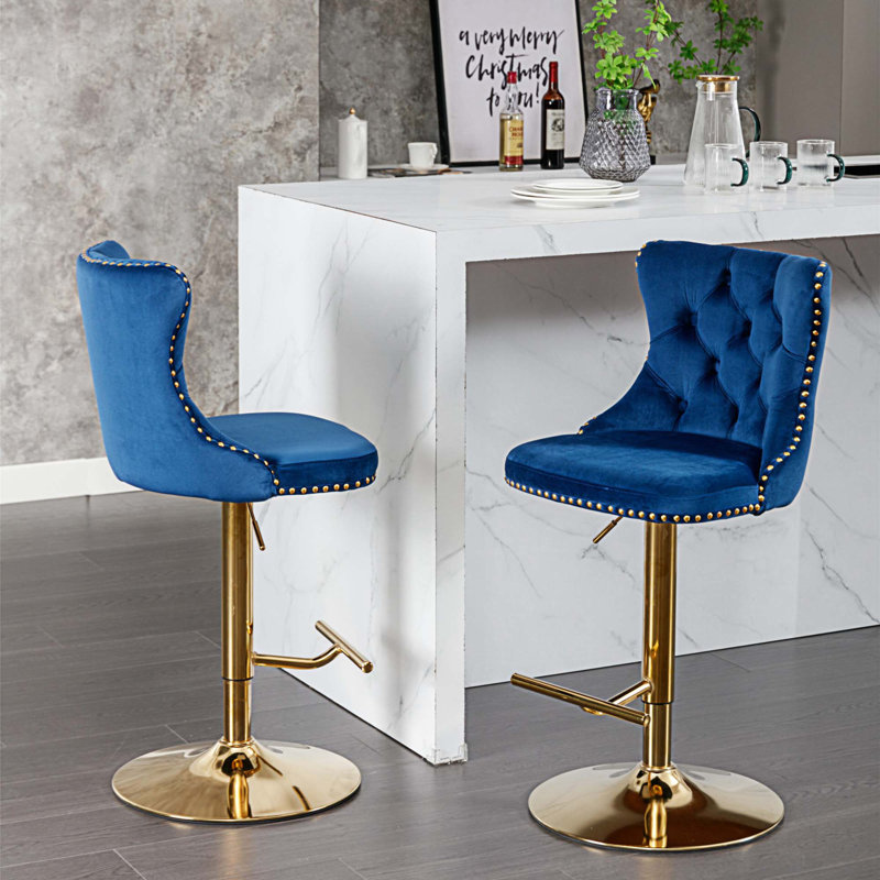 Tabouret à hauteur réglable Blevens, Bleu, Doré