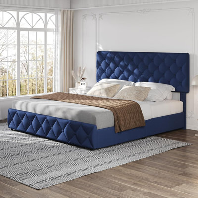 Très grande base de lit tapissier très grand avec 4 tiroirs, tête de lit capitonnée, lin, bleu