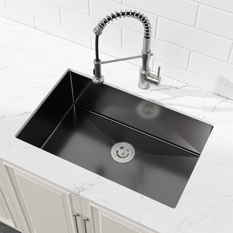 Stainless Steel Kitchen Sink, 27″X19″ Single Bowl, Undermount Handmade Sink In Black, With US Standard Drain And Hook, Black