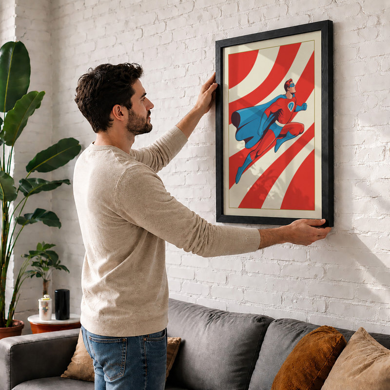 Flying Superhero Retro - Print, Black, A4 - 29.7 x 21.0 cm