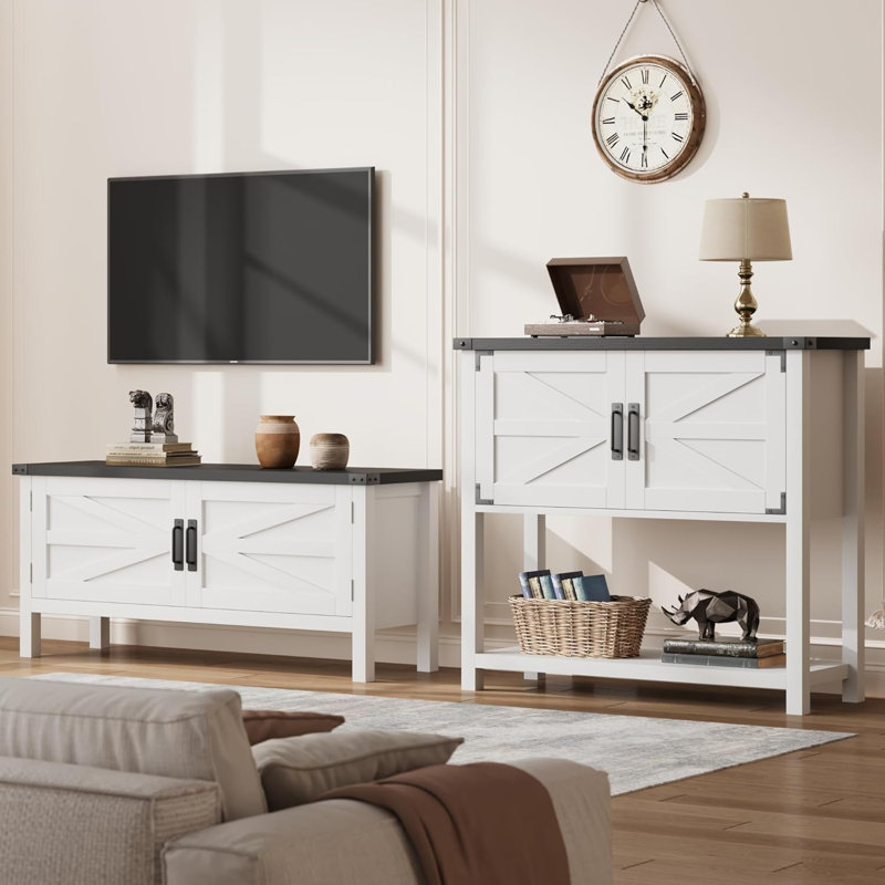 31.5'' Wood Console Table With Storage, Farmhouse Entryway Table With 2-Door, Black/White