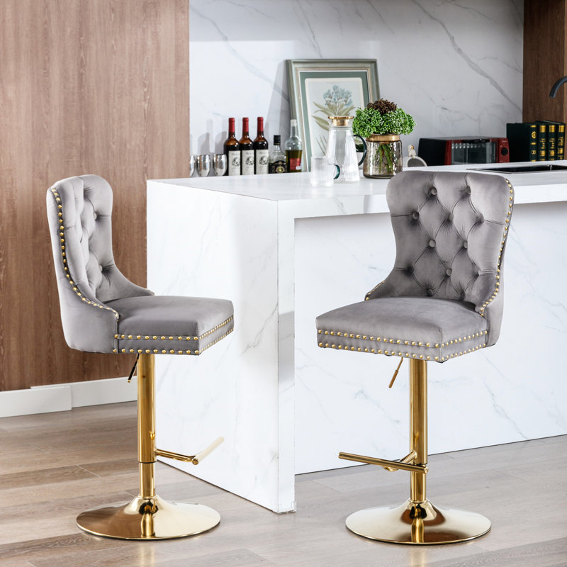 Velours moderne avec siège réglable, hauteur de 25 à 33 pouces, dossier rembourré, confortable pour la cuisine de pub à domicile, gris (2, velours, hauteur, dans chaque unité