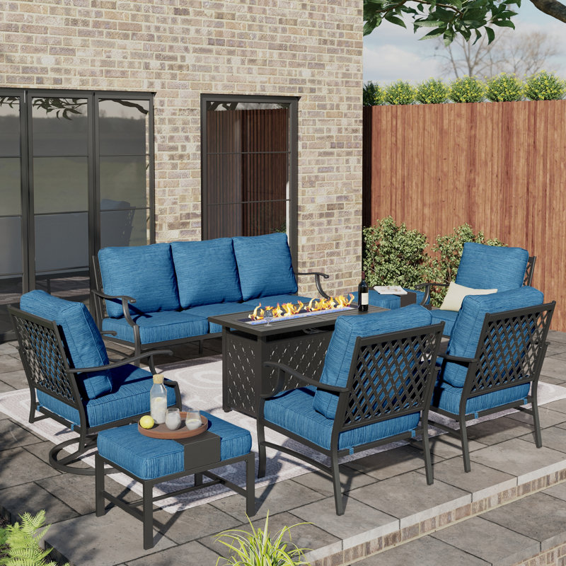 Akadian 9-Person Wicker Patio Conversation Set with Swivel Chairs, Cushion Pro Peacock Blue Performance, Yes