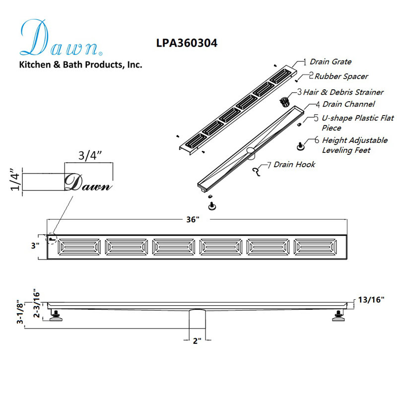 36 Inch Long Stainless Steel Linear Floor Shower Drain