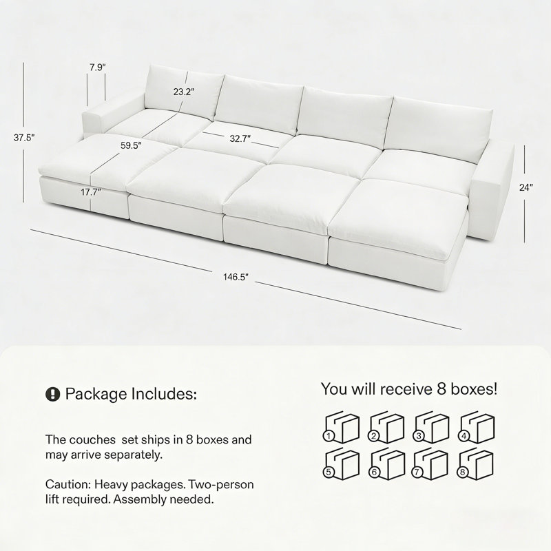 146.5" Modular Sectional Cloud Sofa with Extra-Deep 4-Seat and 4 Storage Ottomans for Living Room