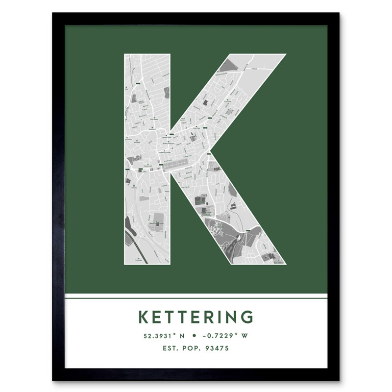 Kettering City Map Kettering England United Kingdom City Map Green - Single Picture Frame Typography