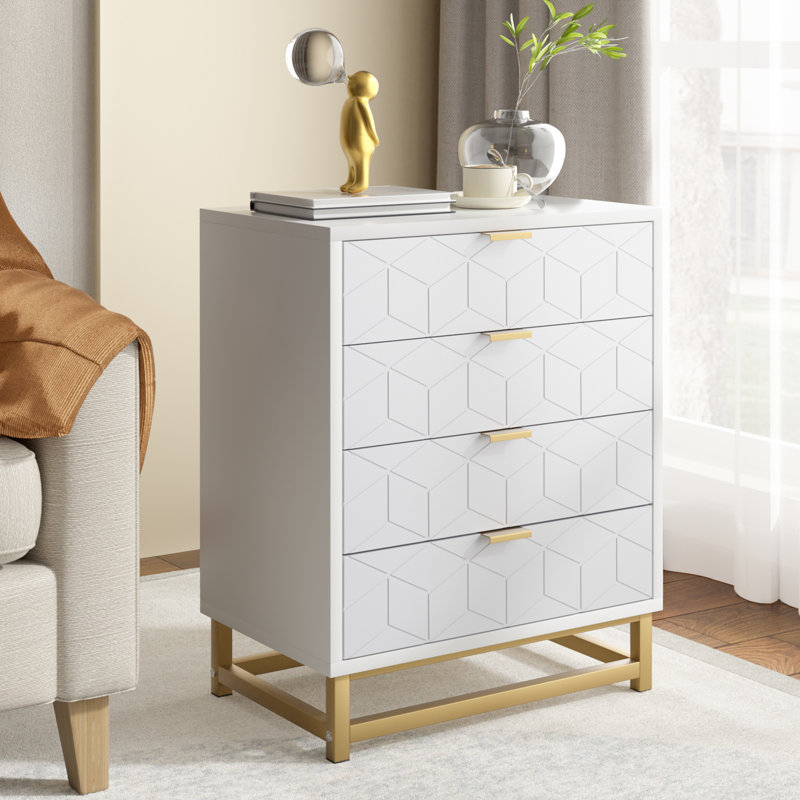 Table de chevet 4 tiroirs Kyell, Blanc / gris