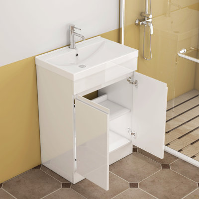 Ensemble de meuble-lavabo 24 po avec lavabo, meuble 2 portes, avec tablette, conception sans poignée, lavabo en céramique à bordure épaisse unique, charnière à système de fermeture en douceur, assemblage facile, blanc brillant