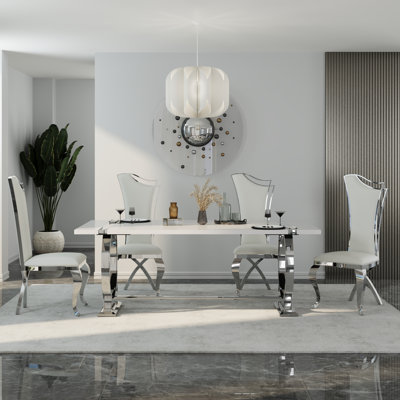 Ensemble de table de salle à manger 78 pouces blanc et argent avec 4 chaises en cuir chromées blanches