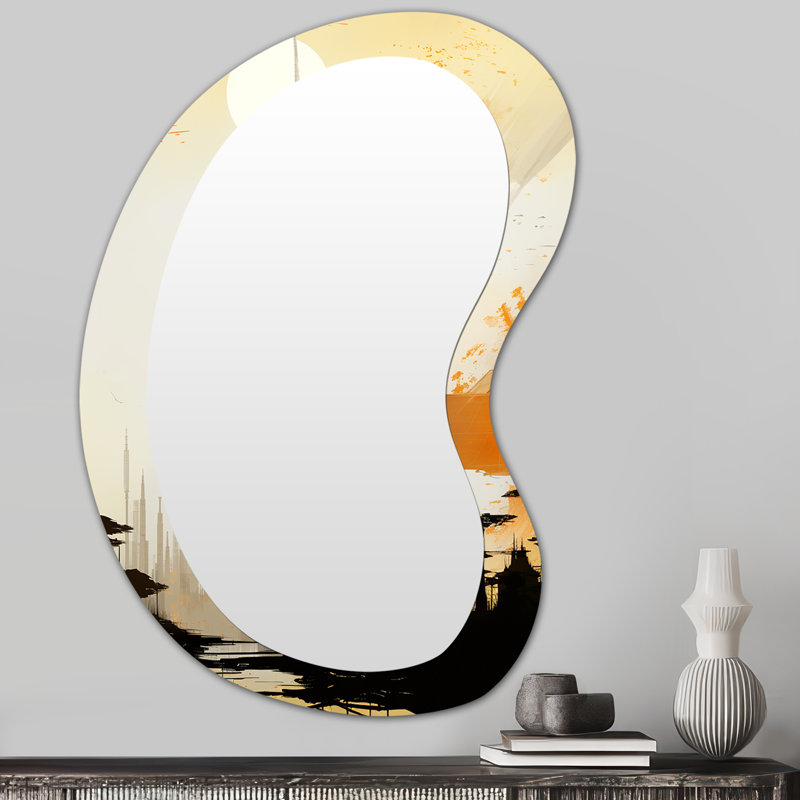 Evelyna gris et or Sunset Collage II - miroir mural décoratif de forme irrégulière Collages abstraits, grand miroir asymétrique noir, impression sur métal