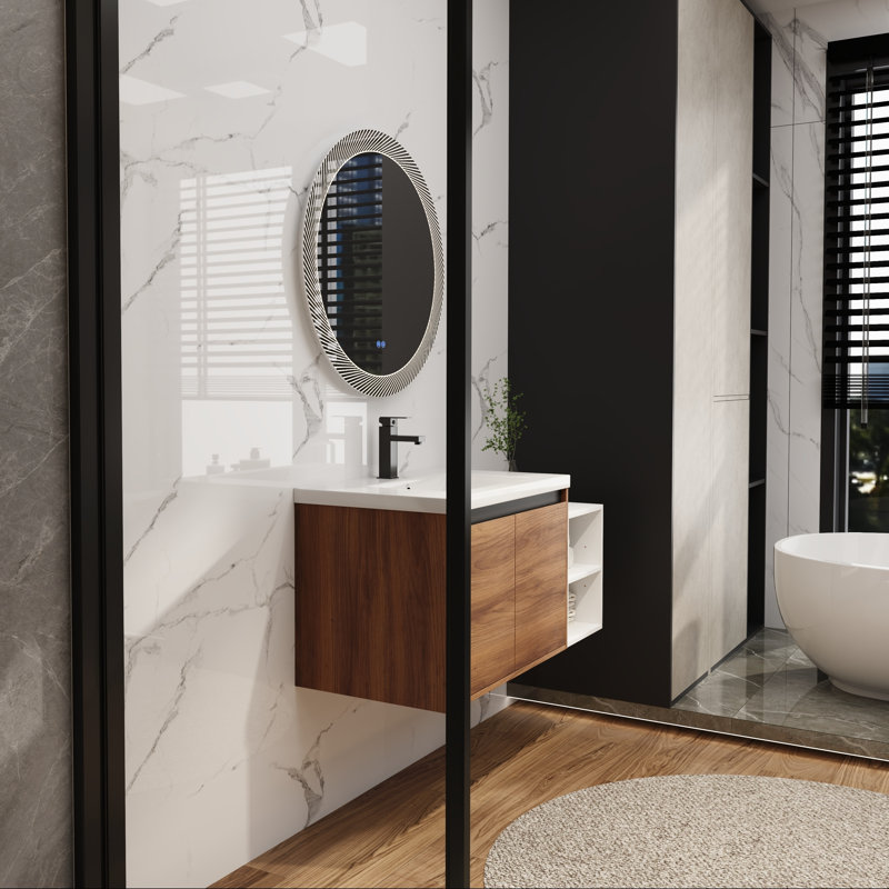 Meuble-lavabo mural avec lavabo en résine, tablette de rangement, portes à fermeture en douceur, 42"