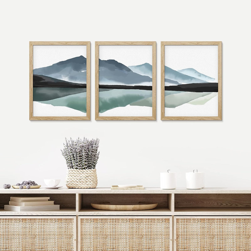 Abstrait paysage encadré, chaîne de montagnes, art mural, ensemble de 3 impressions murales bleu pastel brumeux, décoration murale nature sauvage pour salon, chambre à coucher, 3 pièces