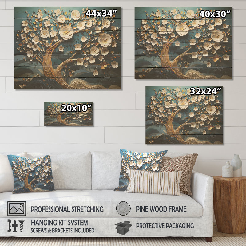 Blue And White Orchid Tree Golden Of Branches VI - Tree On Wood Print, 10" H x 20" W