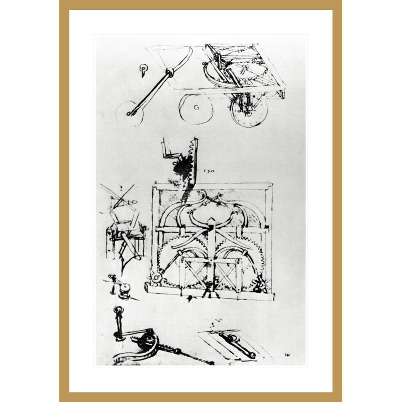 Perspectives et dessins en plan d'un wagon automobile déplacé par un système de ressorts et équipé d'une transmission différentiel Fol. 296 (verso) -a du Codex Atlanticus par Leonardo Da Vinci -Giclée sur toile