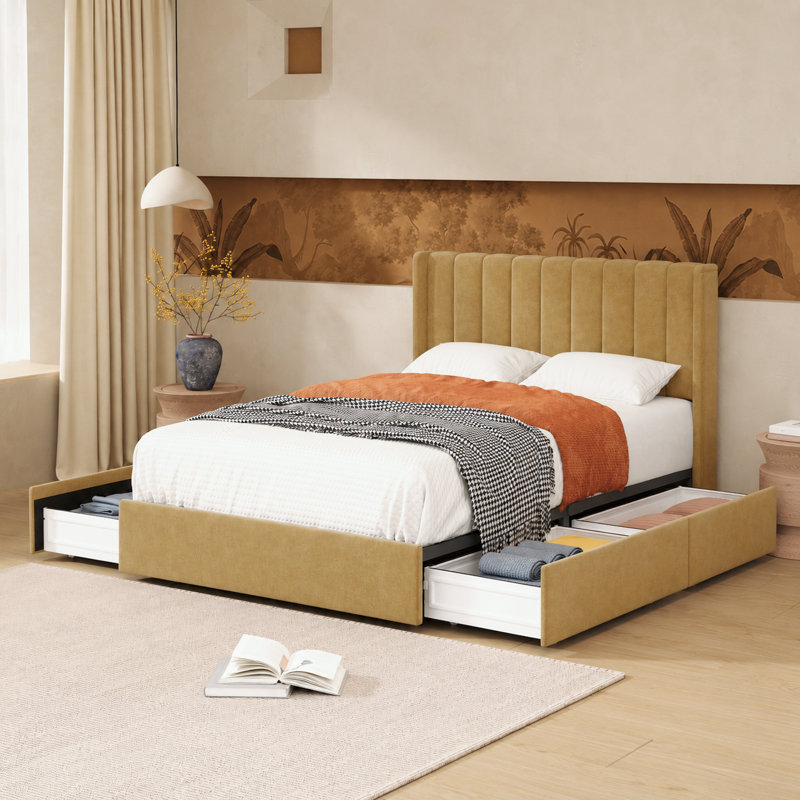 Lit plateforme avec rangement Jeilyn, Double, Or pâle