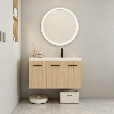 36" Wall-Mounted Floating Bathroom Vanity with Sink, Light Oak, 3-Door Modular Cabinet (2-Door + 1-Door), Gel Coat Integrated Sink Top, 3 Boxes, Ready-to-Assemble