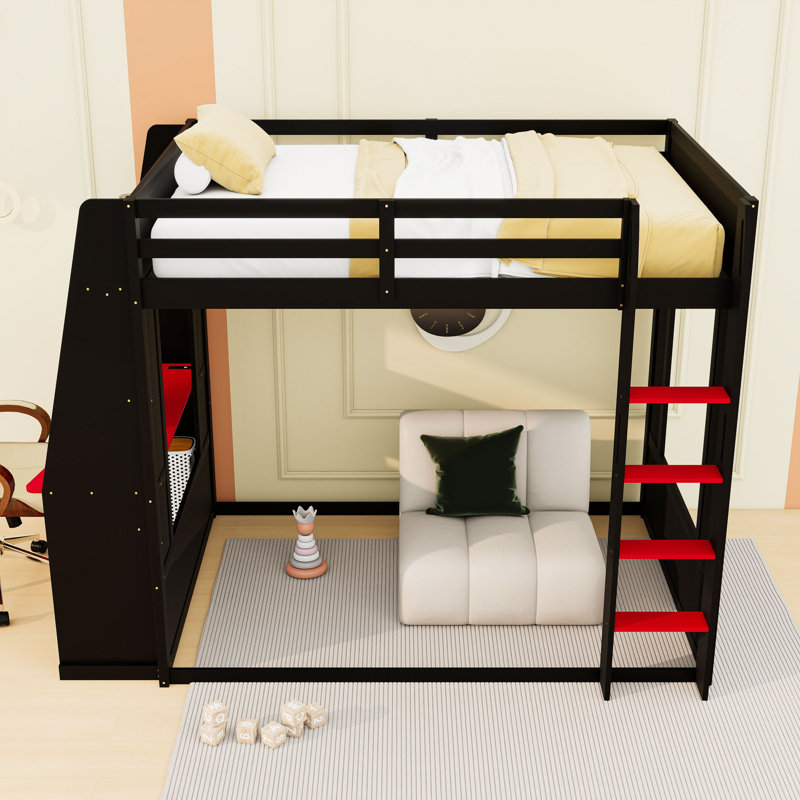 Lit superposé avec bureau, lumières DEL, port USB et tablettes de rangement, Noir / Rouge