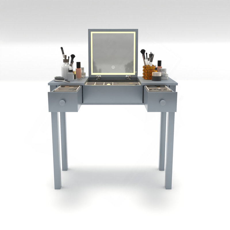 Multifunctional Vanity Desk With 3-Level Adjustable Lighting With Flip-Top Mirror & Storage 15.75" Deep Makeup Table 2 Drawers & 3 Removable Organizer Boxes Compact Home Office Desk Gray