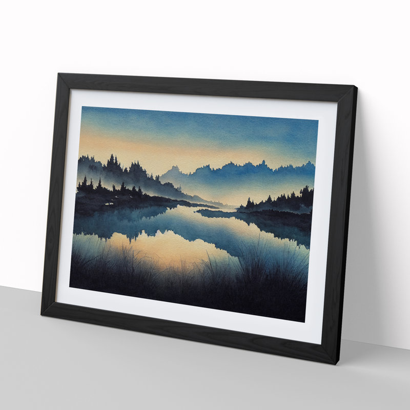 Forest River Reflection - Single Picture Frame Painting, 25cm H x 34cm W x 2cm D, Black