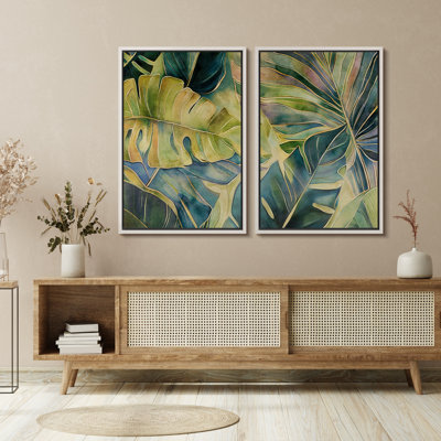 Tropical Palm 2 Tropical Monstera Banana Leaves Artwork, Modern Rustic Green Pictures, Giclee Canvas Digital Print Framed Wall Art
