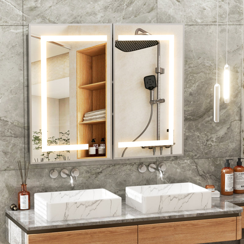 Armoire à pharmacie de salle de bain, armoire encastrée ou à surface éclairée, Argent argent, H 30 po x l 36 po x P 5 po