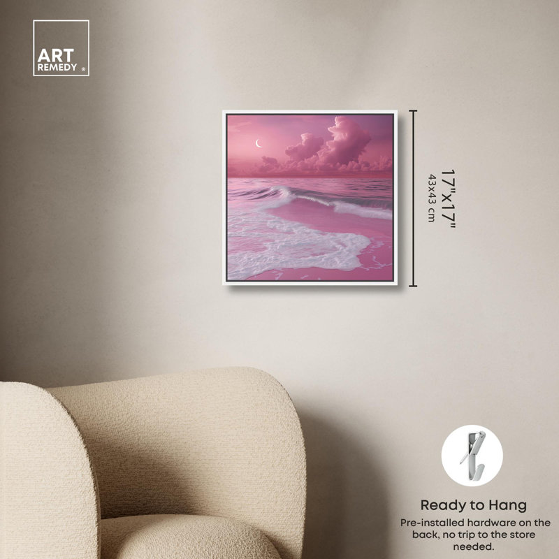 «Pink Beach» par Glam Beach Art par Art Remedy, H 17 po x l 17 po, Cadre flottant blanc
