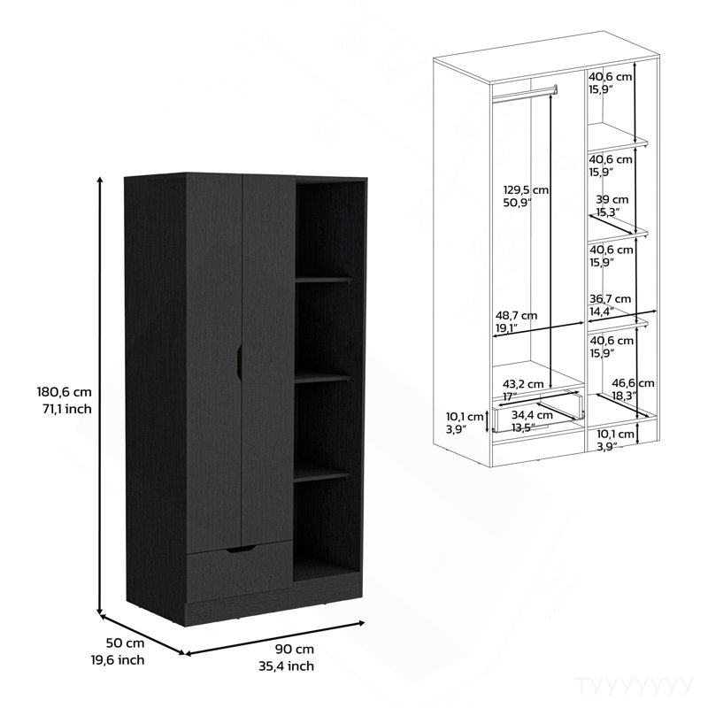 Armoire 71H "avec 1 tiroir et 4 tablettes ouvertes à 2 niveaux, 2 portes, noir, Noir