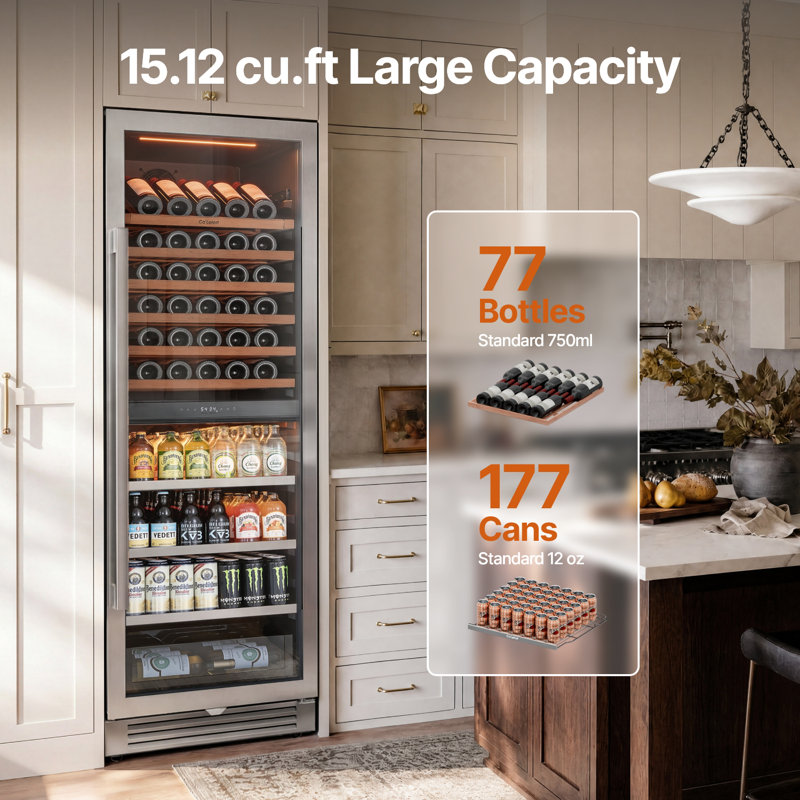 15.1 Cu. Ft. Dual Zone Wine & Beverage Cooler with 77-Bottle Wine Storage and 177-Can Beverage Capacity, Built-In or Freestanding, Right Swing Door
