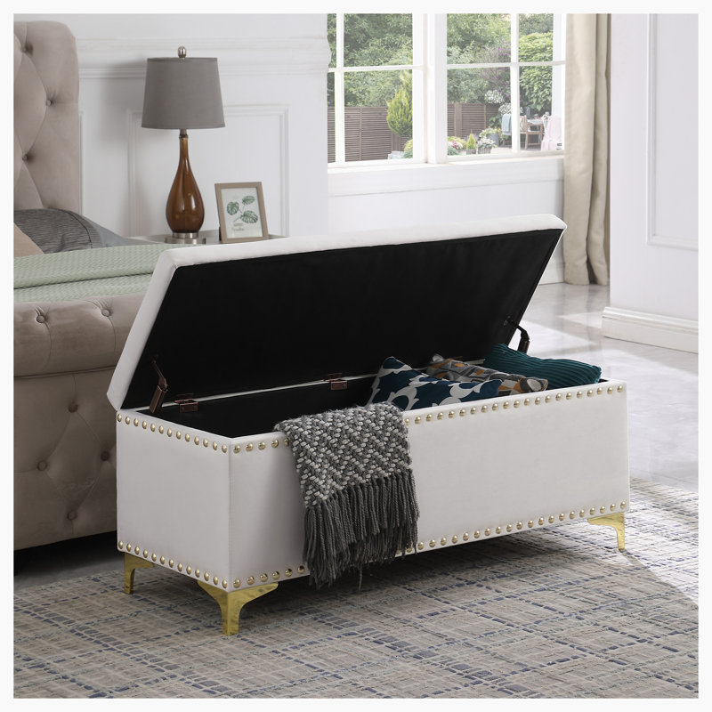 Banc de rangement rembourré Kassa, Velours beige