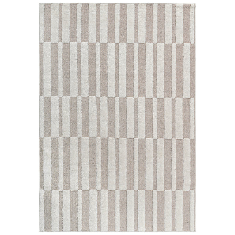 Step Collection High-Low Striped Beige/Cream Indoor Area Rug, 7'9''X10', Modern, Contemporary, Geometric, Bohemian, Bedroom, Kitchen, Living Room, Non Shedding Carpet