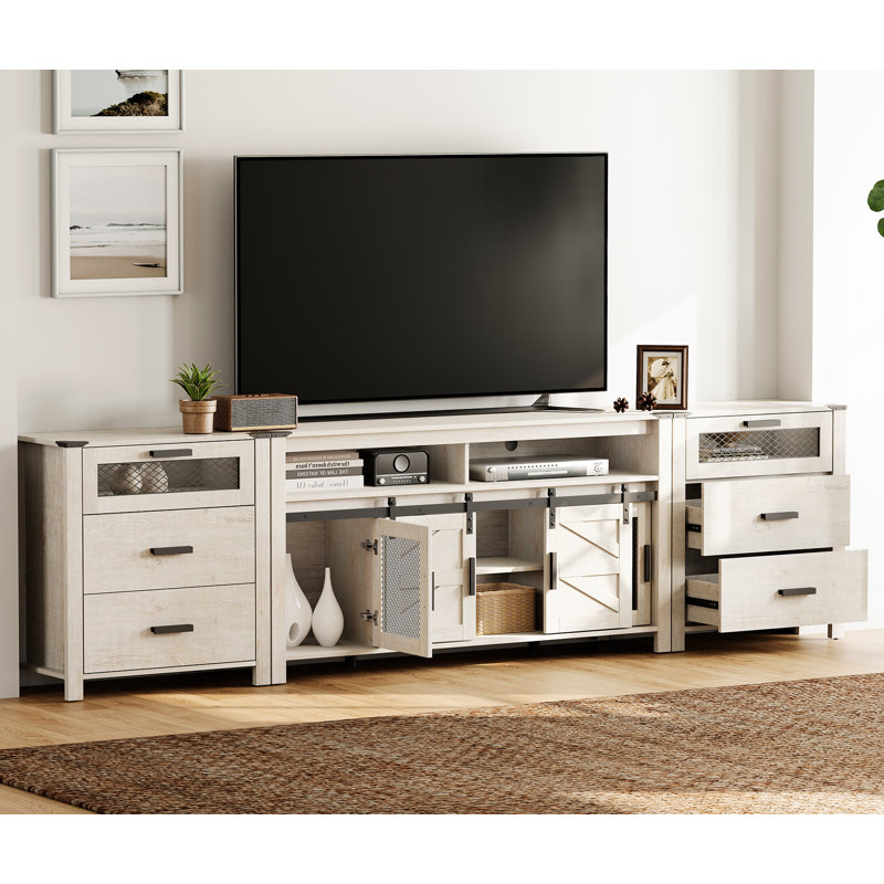 Gracie Oaks Farmhouse TV Stand With 6 Drawers For 100 Inch, White Wood