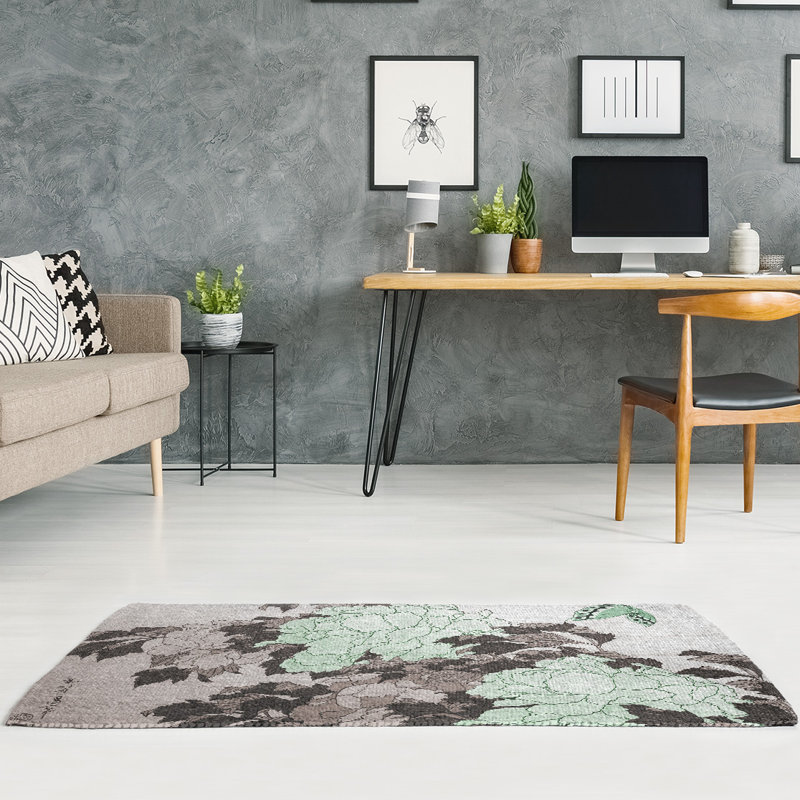 Tapis vert/brun en chenille pivoines et papillon, Rectangle 3 pi x 5 pi