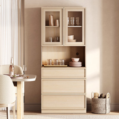 31.5" Wide 72" Tall Wood Sideboard Buffet with 3 Drawers, Glass Display & Closed Storage for Dining Kitchen
