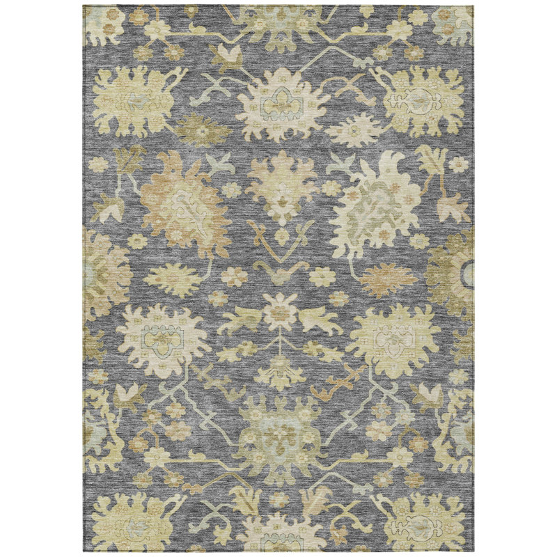 Tapis extérieur lavable floral gris ivoire et vert 10 pi x 14 pi