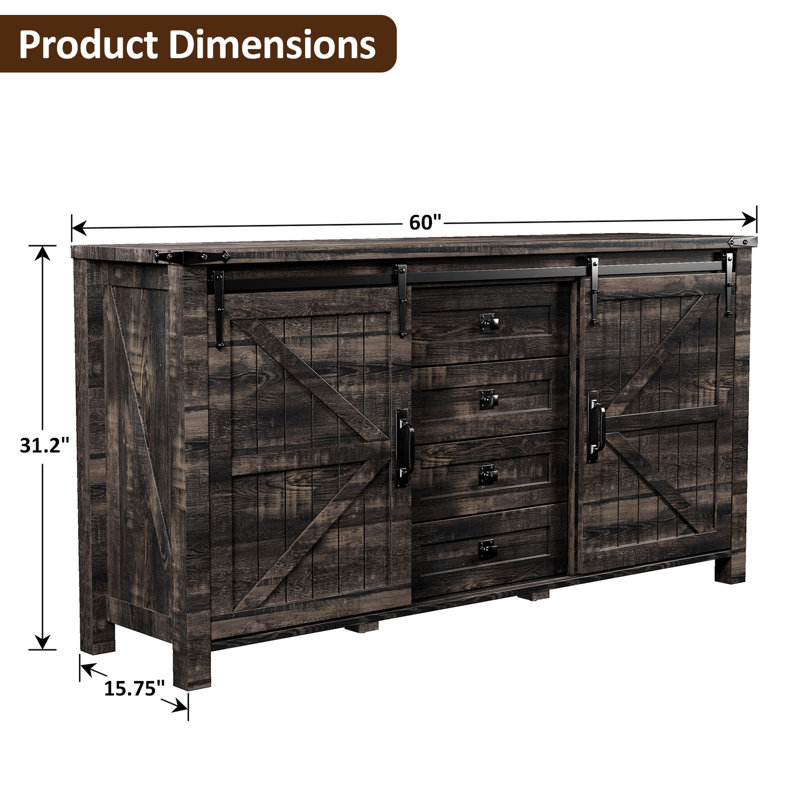 Commodes de style campagnard 60 po avec 4 tiroirs et 2 armoires, Couleur foncée