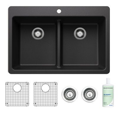 BLANCO 33" 50/50 Double Bowl Drop-In/Undermount Silgranit Kitchen Sink With Cleaner, Sink Grids And Basket Strainers In Anthracite