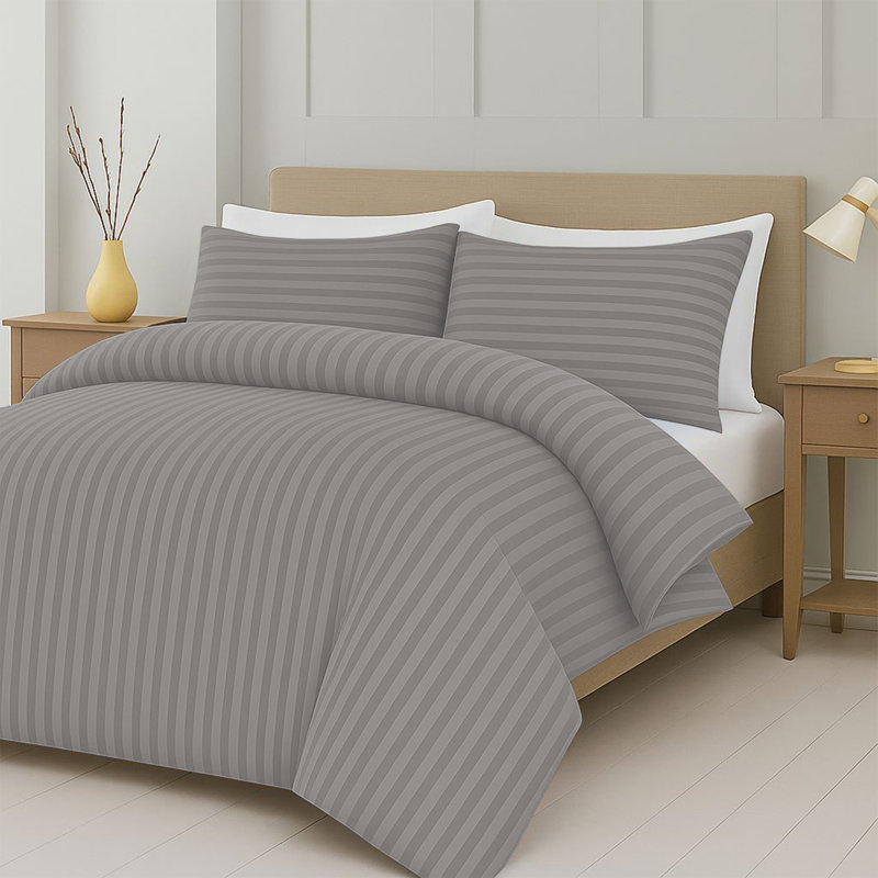 Striped Microfiber Duvet Cover Set, 4-Piece With Fitted Sheet & Pillowcases , Silver Striped