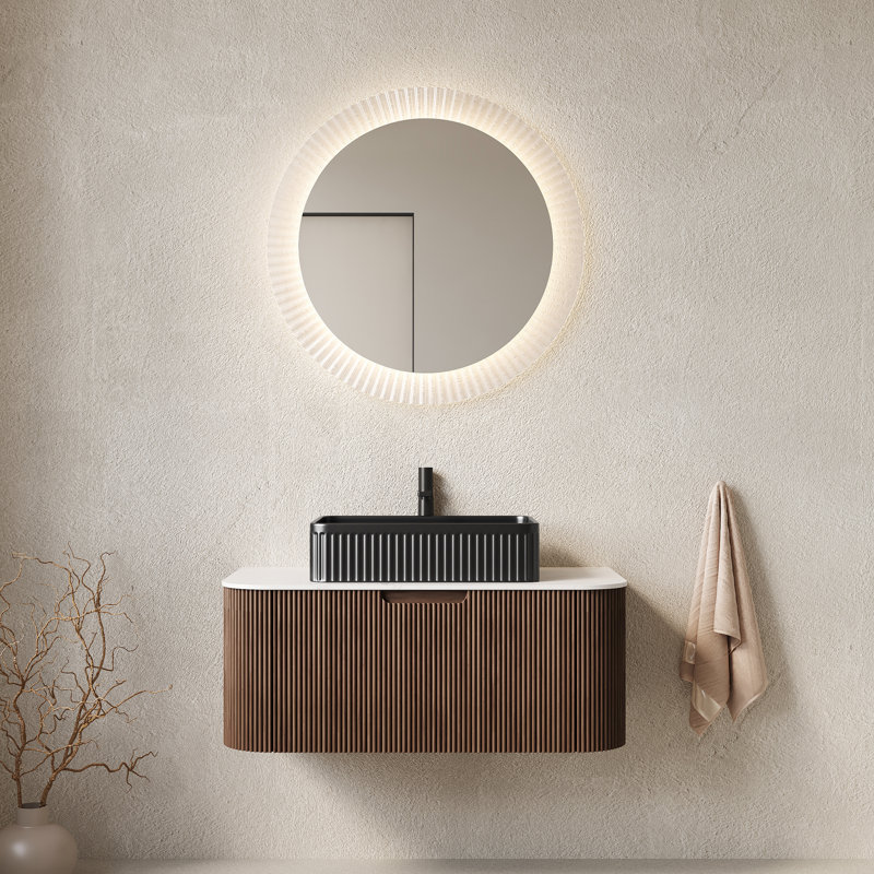 Meuble-lavabo mural de 36 po avec finition rayée 3D noyer foncé, comptoir en céramique, vasque rectangulaire à fonction de fermeture en douceur, armoire, taille de trou de robinet standard