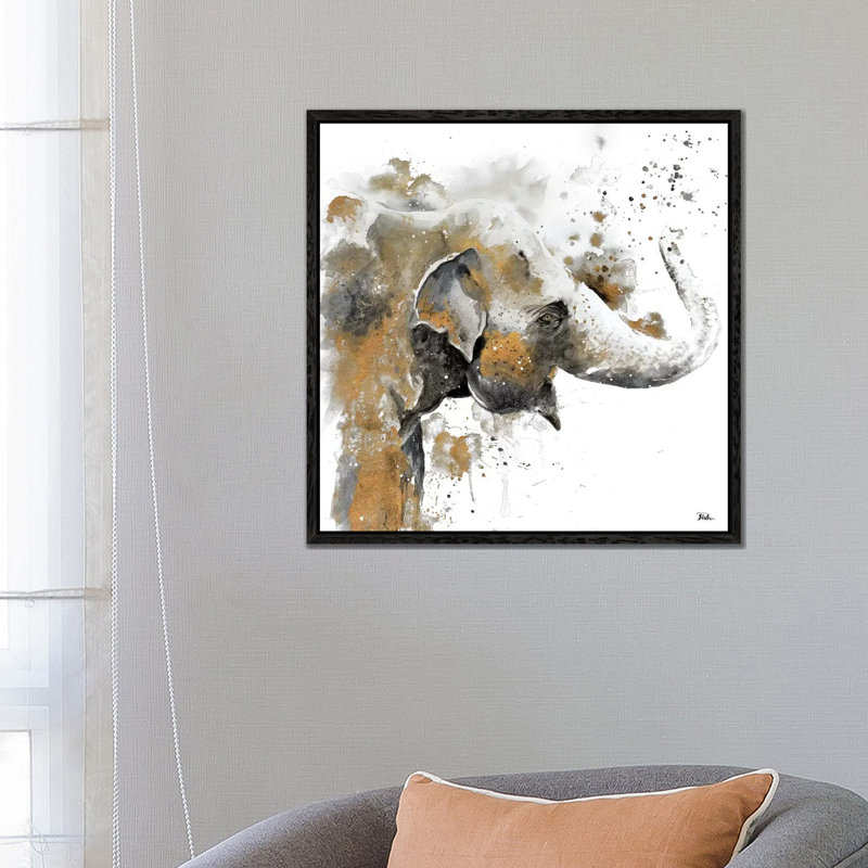 Water Elephant With Gold by Patricia Pinto - Print on Canvas, 66.04 cm H x 66.04 cm W, Black Floater Frame