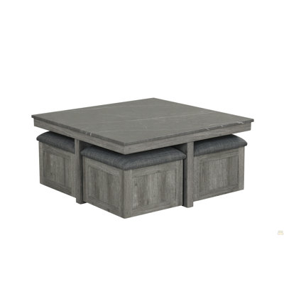 5PC Coffee Table Set Square Shape Coffee Table Faux Marble Top  Lift Top 4 Stool Storage