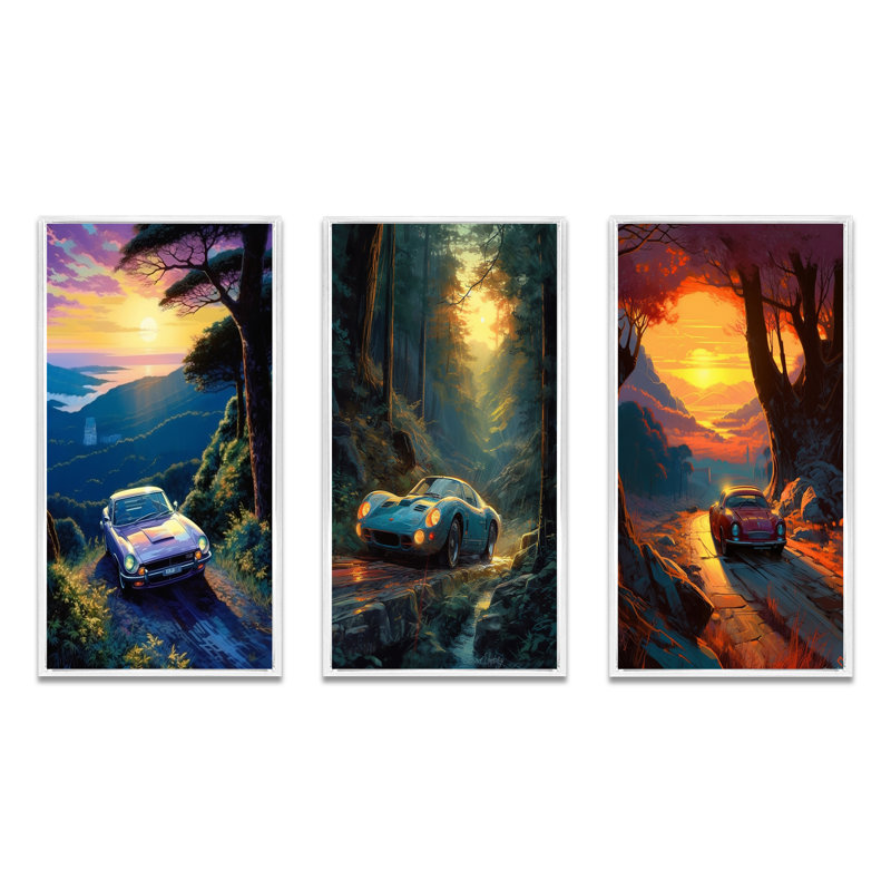 «Forest Drives In Classic Car», 3 pièces sur toile, Cadre flottant blanc, H 20 po x l 36 po