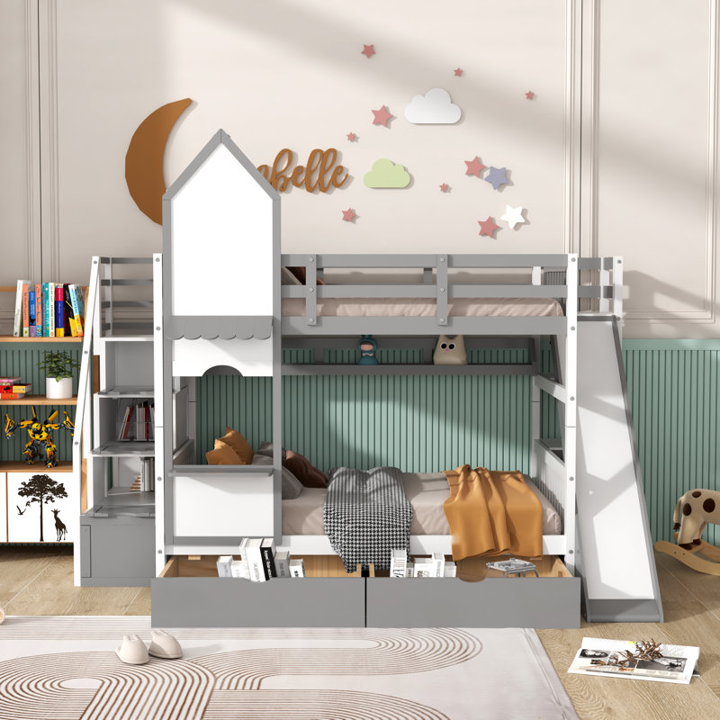 Lit superposé avec tiroirs Beacan Kids, Double sur double, gris